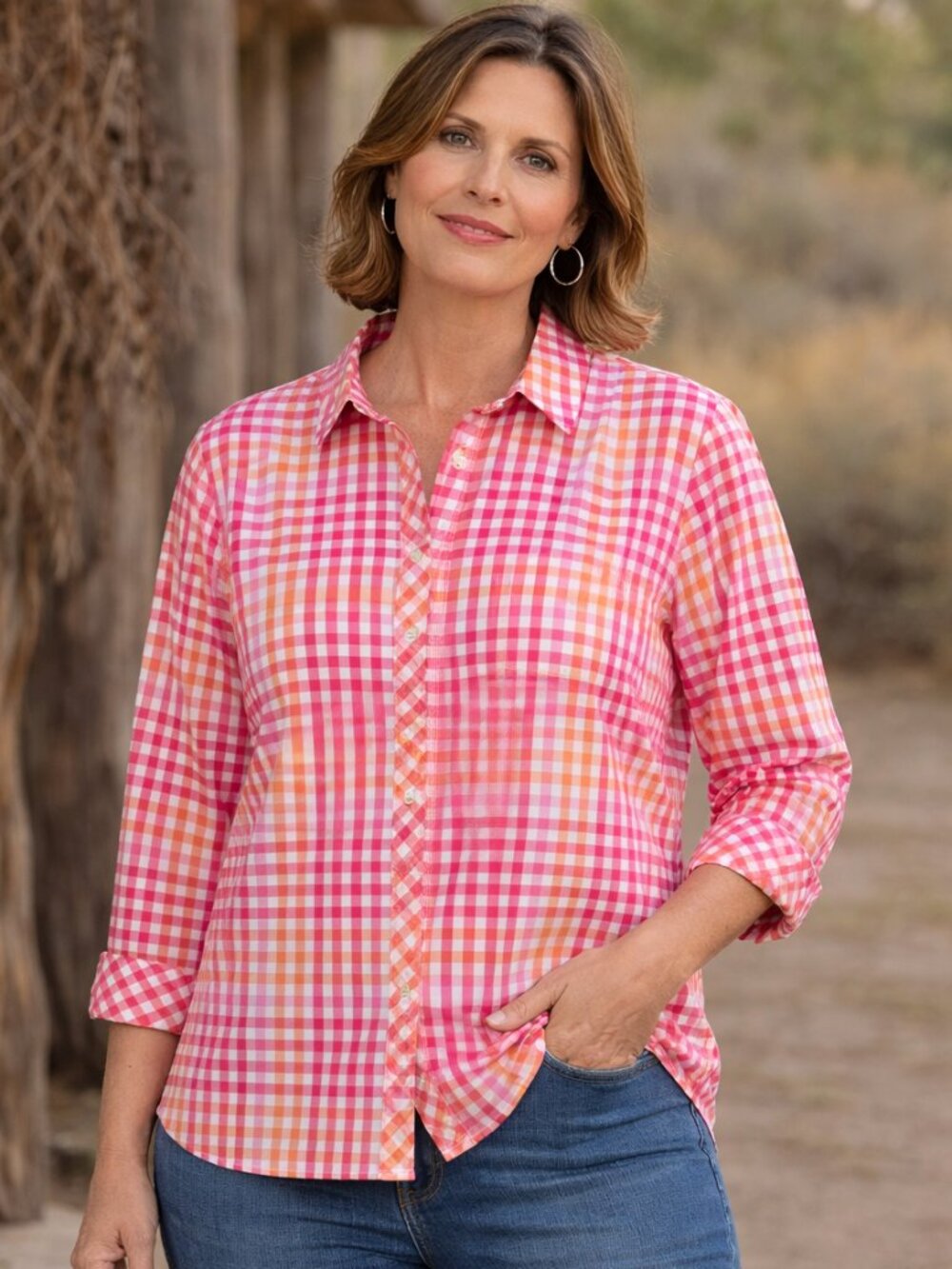 Talbots Pink & Orange Checkered Classic Cotton Shirt Women's Size Lg Petite